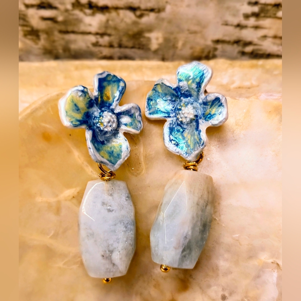 Handpainted Blue Flower & Natural Aquamarine In Chunky Gold Plated Earrings